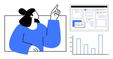 Gösterilen bir gösterge paneline işaret eden kadın grafikler, çizelgeler ve veri içgörüleri içeriyor. Analiz, eğitim, takım çalışması, proje yönetimi, strateji araştırmaları ve sunumlar için ideal. Çok basit.