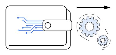 Devre dizaynlı dijital cüzdan dönen dişlilere ve oklara bağlı. Fintech, otomasyon, yenilik, teknoloji, engelleme zinciri, finans, veri işleme kavramları için idealdir. Basit düz
