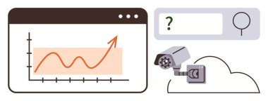 Tarayıcıda büyüyen veri grafiği, bulutun üstündeki güvenlik kamerası, arama çubuğu. Veri büyümesi, izleme, bulut hesaplama, analitik, güvenlik dijital gözetim araştırmaları için ideal. Temiz düz metafor