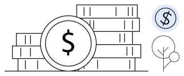 İçinde bir dolar işareti ve minimum doğa elementlerinin olduğu madeni para yığınları. Finans, tasarruf, yatırım, ekonomi, zenginlik, sürdürülebilirlik, çevre kavramları için idealdir. Basit düz metafor