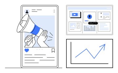 Elinde megafonla akıllı telefon, gösterge paneli analitiği ve yükselen grafik. Pazarlama, tanıtım, katılım, iletişim, analitik strateji sosyal eğilimleri için idealdir. Basit düz