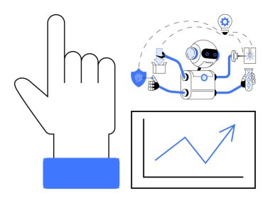 El hareketi, robot görevi, okla çizelge, ve yenilik, büyüme ve yapay zekayı sembolize eden simgeler. Otomasyon için ideal, teknolojik veri üretkenliği yenilik yapay zeka ve verimlilik. A