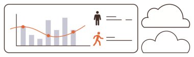 Eğilim çizgisi olan çubuk grafik, bilgiyi tasvir eden insan siluetleri ve iki bulut çizgisi. Analiz, performans takibi, istatistik, ağ, iş, teknoloji için ideal düz