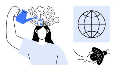 Kafadan çiçek açan insan suları, dünya ikonu birbirine bağlılığı simgeler, uçan böcekler doğal boyut ekler. Yaratıcılık, farkındalık, kişisel gelişim, çevre için ideal