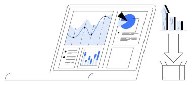 Dizüstü bilgisayar ekran çizgi grafikleri, pasta grafiği, bar grafiği ve veri panelleri. Kutuyu açan ok, dışarıya aktarılan veriyi simgeler. İş, finans, analiz, planlama stratejisi için ideal