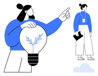 Çevre dostu bir fikir sunan bir kadın ampul, yaprak tasarımı ve kendine güvenen duruşu ile. Yenilik, takım çalışması, sürdürülebilirlik, liderlik, yaratıcı strateji, ilham için ideal