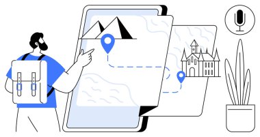 Sırt çantalı bir adam tablet ekranı işaret ederek yol işaretli dijital bir harita gösteriyor, işaretler piramitleri işaret ediyor ve bir şato, mikrofon simgesi ve bitki. Seyahat, seyrüsefer ve macera için ideal