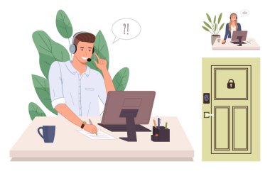 Masasında kulaklığı olan müşteri hizmetleri ajanı bilgisayarı kullanıyor, yönetici uzaktan denetliyor ve kilitli kapı da erişim kontrolünü simgeliyor. Uzak çalışma, müşteri desteği, iletişim ve güvenlik için ideal