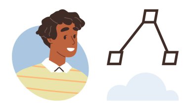 Pastel giyimli neşeli insan, bağlı geometrik diyagram, ince bulut. Takım çalışması, öğrenme, yenilik, ağ kurma kavramları, bağlantı, yaratıcılık için ideal düz metafor