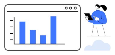 Tabletle analiz yapan bir kadınla birlikte bir tarayıcıdaki veriyi gösteren çizelge. Analiz için ideal, veri incelemesi, strateji, teknik çözümler, planlama, izleme, basit iniş sayfası