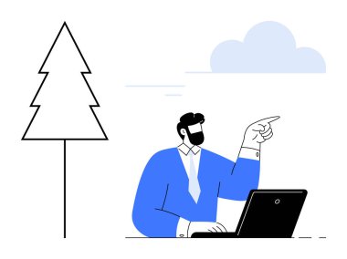 Mavi takım elbiseli bir işadamı ağaç ve bulutun yanında dizüstü bilgisayarla çalışırken işaret ediyor. İş, çevre, teknoloji, strateji, yaratıcılık, uzaktan çalışma, karar verme için idealdir. Basit düz