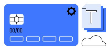 Üzerinde çip ve vites simgesi, bulut ve belge kağıtları olan mavi dijital kredi kartı. Finans, teknoloji, veri güvenliği, dijital işlemler, çevrimiçi ödemeler, bulut çözümleri, basit iniş sayfası için ideal