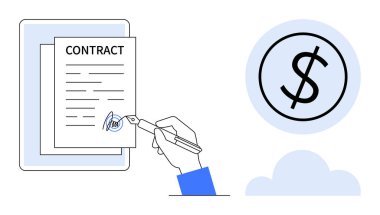 El ele tutuşma kalem imzalama sözleşmesi, dolar ikonu finansal anlaşmayı sembolize ediyor, bulut geçmişi. İş, yasal, finans, anlaşmalar, sözleşmeler, çevrimiçi hizmetler için ideal