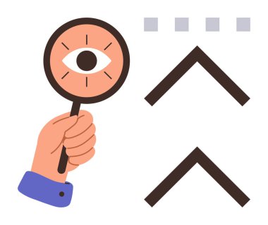 Yukarı doğru ok ve karelere odaklanmış büyüteçle el ele tutuşmak. İlerleme, vizyon, büyüme, analiz, odaklanma, hırs ve yön için ideal. Basit bir düz metafor.