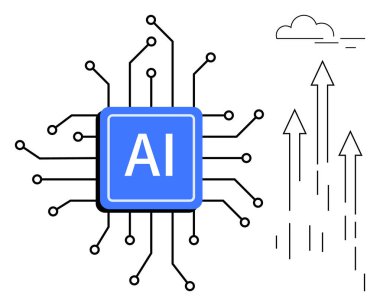 Teknoloji ve veri bağlantısını gösteren devre hatlarına sahip merkezi yapay zeka çipi. Yükselen oklar gelişimi, yeniliği ve büyümeyi simgeler. Teknoloji, yapay zeka ve dijital dönüşüm için ideal.