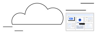 Grafikler, oynatma düğmesi ve analiz araçları ile yazılım gösterge tablosu arayüzünün yanında büyük bir bulut çizgisi. Bulut depolama, veri analizi, teknoloji, web hizmetleri, ağ oluşturma ve sanal destek için ideal