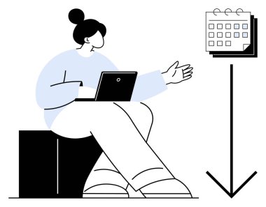 Dizüstü bilgisayarla çalışan bir kadın, elinde ok olan bir takvime doğru hareketler yaparak zamanlamayı, verimliliği ve zaman organizasyonunu temsil eder. Takım çalışması, proje planlaması, görev yönetimi, verimlilik, iş akışı için ideal