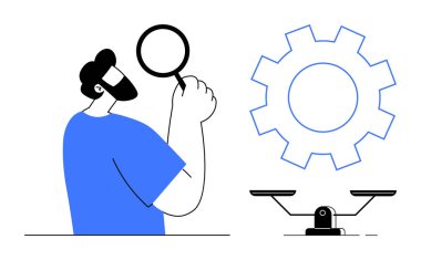 Adam vitesi büyüteçle denge ölçeğinin yanında inceliyor. Problem çözme, karar verme, kalite kontrol, analiz, araştırma, değerlendirme ve yenilik için ideal. Basit düz metafor