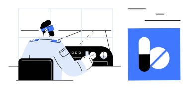 Pilot kokpit kontrollerini kullanıyor, sağlık güvenliğini simgeleyen tıbbi haplar kullanıyor. Sağlık, havacılık, teknoloji, güvenlik, tıbbi gelişmeler, yenilik, basit iniş sayfası için ideal