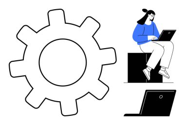 Bir dizüstü bilgisayarın yanında oturan kadın üretkenliği, takım çalışmasını, yeniliği, verimliliği, öğrenmeyi ve dijital çözümleri sembolize ediyor. İş, eğitim ve basit düz metafor için ideal