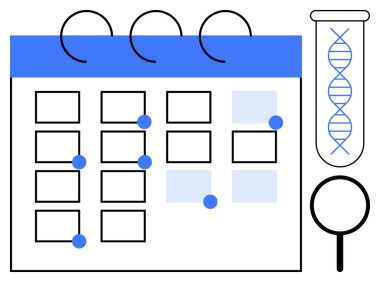 İşaretli tarihli takvim, DNA sarmalı test tüpü ve büyüteç, araştırma, planlama ve analiz. Bilim için ideal, laboratuvar işleri veri organizasyonu ve teslim tarihleri için. Basit düz