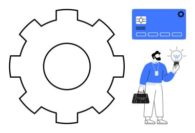 Vites sembolü, çantalı ampul tutan iş adamı ve dijital kart arayüzü. Yenilik için ideal, ödeme sistemleri, iş çözümleri, teknoloji, yaratıcılık finans stratejisi. Basit.