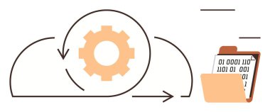 Dişli simgeleyici işlemleri simgeleyen bulut simgesi, ikili veri içeren dizin, senkronize akışı gösteren oklar. Veri yönetimi, bulut hesaplama, dijital depolama, teknoloji, iş akışı otomasyonu için ideal