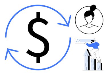 Finansal akışı simgeleyen oklarla dolar işareti, kullanıcı profili portresi ve baro tablosundaki veri eğilimlerini inceleyen kişi. Finans, ekonomi, veri analizi, kullanıcı profilleri ve büyüme için ideal