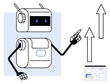 Dost canlısı robot, dijital arayüzle okları işaret ederek ilerlemeyi, teknolojiyi ve yeniliği sembolize ediyor. Yapay zeka, büyüme, rehberlik, eğitim, geleceksel kavramların geliştirilmesi için idealdir.