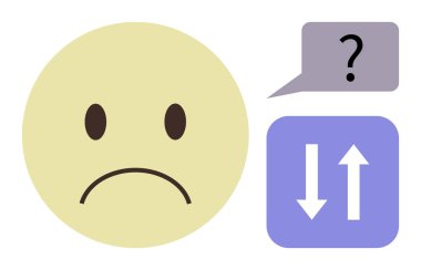 Seçenekler için soru işareti baloncuğu ve yukarıdan aşağıya oklarla kafa karışıklığını ifade eden üzgün bir yüz. Karar verme, kafa karışıklığı, problem çözme, duygular, iletişim, seçimler, basitlik için idealdir. A