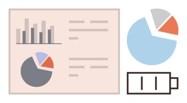 Analiz, performans, enerji, optimizasyon, raporlama stratejisi büyümesini temsil eden bir veri panosundaki bar tablosu, pasta grafikleri ve pil ikonu. Verimlilik metaforu için ideal. Basit düz