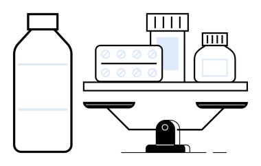 Şişeler, hap şeritleri ve kavanozlar dengeli bir ölçekte ilaç karşılaştırması, dozaj yönetimi veya sağlık önceliklerini temsil ediyor. Eczane, sağlık, tıbbi araştırma ve tedavi dengesi için ideal