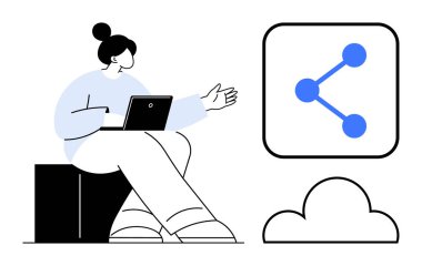 Dizüstü bilgisayarlı bir kadın, bulut sembolü ve bağlantı ikonunun yanında oturuyor. Takım çalışması, iletişim, veri paylaşımı, işbirliği, uzaktan çalışma, eğitim, basit iniş sayfası için ideal