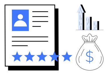 Beş yıldızlı profil belgesi, yükselen trend bar tablosu ve para çantası. Performans değerlendirmesi için ideal, müşteri memnuniyeti, mali büyüme, analitik, değerlendirme, iş hedefleri basit