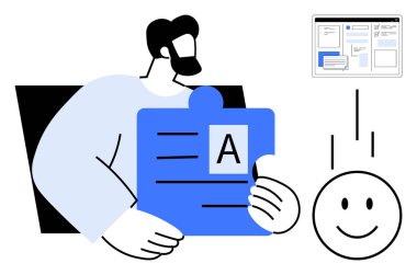 Adamın elinde işbirliğini temsil eden bir yapboz parçası var. Kullanıcı geribildirimi için arayüz ve mutlu yüz içerir. Takım çalışması, yaratıcılık, problem çözme, kullanıcı deneyimi, yenilik ve öğretim için ideal
