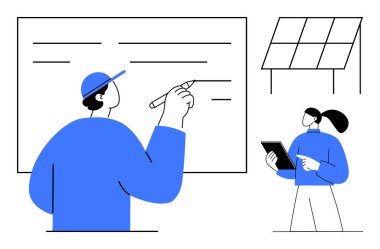 İki kişi temiz enerji stratejileri üzerinde beyin fırtınası yapıyor. Biri beyaz tahtada yazıyor, diğeri güneş panelleri yakınında bir tablet kullanıyor. Takım çalışması, sürdürülebilirlik, temiz enerji ve yenilik için ideal