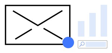 Basitleştirilmiş posta zarfı, büyüme çubuğu şeması, mavi bilgilendirme çemberi ve arama çubuğu. E- posta pazarlama, veri analizi, iş büyümesi, dijital çözümler, çevrimiçi arama bildirimleri için ideal