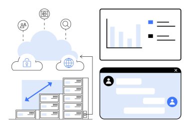 Bağlı depolama sunucuları, kilit ve ağ simgelerine sahip bulut yapısı. Veri tablosu ve sohbet arayüzü tamamlanıyor. Teknoloji, iş, veri, güvenlik, analitik iletişim için ideal