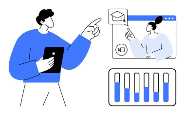 Tableti elinde tutan kişi video arayüzünü işaret ediyor. Analiz çubuğu grafiği ve mezuniyet başlığı simgesi içerir. Eğitim, uzaktan çalışma, teknoloji, iletişim, eğitim, analitik, basit