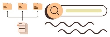 Bir belge yığınına bağlı dizin simgeleri, arama çubuğunun üzerindeki büyüteç ve dalgalı altı çizili grafikler. Veri organizasyonu, dijital depolama, araştırma, iş akışı, belge yönetimi için ideal