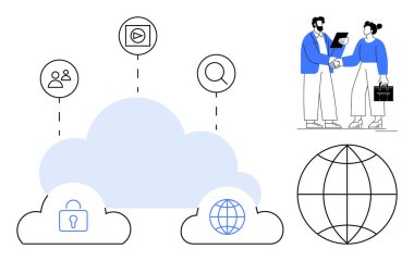 Kullanıcı erişimi, medya, güvenlik ve arama için simgeleri olan bir bulut. İki profesyonel tokalaşma, bir dünya ağı sembolize eder. Teknoloji, takım çalışması, güvenlik yeniliği için ideal küresel bağlantı