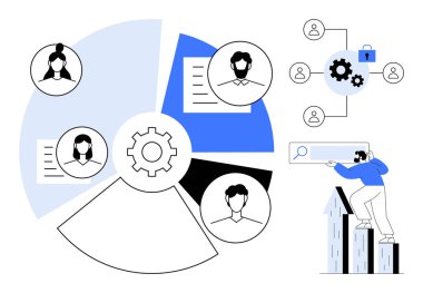 Gear çizelgesi çalışma akışı, segmentli şema içindeki kullanıcı profilleri, arama aracı, bağlantılar ve güvenli dosya erişimi. İşbirliği, ağ oluşturma, yönetim, üretkenlik analitik güvenliği için ideal