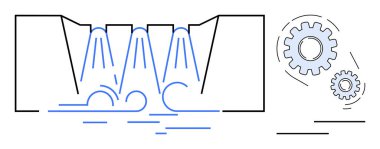 Su türbinlerin içinden akış çizgileri ve mekanik viteslerle tasvir edilen enerji üretir. Enerji üretimi, altyapı, mühendislik, sürdürülebilirlik, teknoloji ve güç için ideal