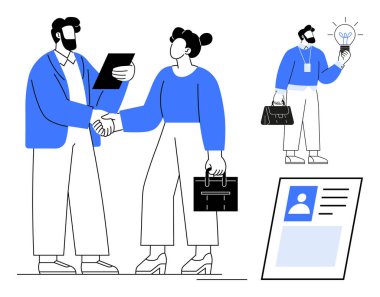 İki profesyonel biri bir dosya tutarken diğeri de bir iş portföyü taşırken el sıkışıyor. Yakınlarda, bir kişi bir fikri paylaşmak için bir ampul tutar ve detaylı bir özgeçmiş nitelikleri vurgular