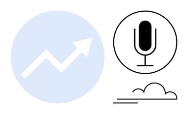 Mavi dairede yükselen beyaz ok, basit siyah mikrofon ve bulut çizimi. Analiz, iletişim, büyüme, podcast, teknoloji, işbirliği için ideal basit bir iniş sayfası