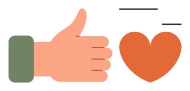 El, hareket çizgilerinde turuncu bir kalbin yanında baş parmak hareketi ile. İletişim, sosyal medya, onay, geri bildirim, pozitiflik, minnettarlık, bağlantı için ideal. Basit düz metafor