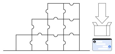 Bulmaca parçaları merdiven deseninde dizilmiş, aşağıya doğru ok açık bir kutuyu ve basit bir arayüz elemanını gösteriyor. Takım çalışması, mantık, ilerleme, yenilik, çözümler, organizasyon için ideal