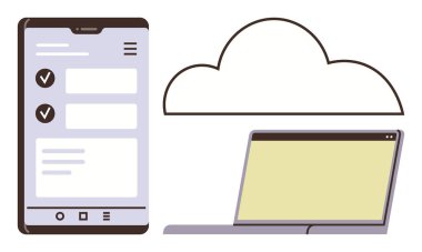 Görevleri, dizüstü bilgisayarları ve uzak bağlantıyı, veri paylaşımını, depolamayı gösteren bulut anahatlarını gösteren mobil cihaz. Teknoloji, dijital iletişim, bulut depolama, uzak çalışma ağı için ideal