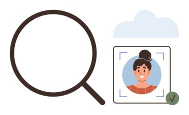 Büyüteç ve bir çerçevenin içindeki tasdikli portre, yüz tanımayı gösteriyor. Güvenlik, teknoloji, biyometri, kimlik, çevrimiçi doğrulama, mahremiyet, basit düz metafor için ideal