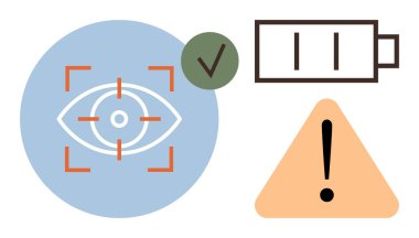 Hedef mavi bir daire içinde, kontrol işareti, batarya seviyesi ve alarm üçgeni. Teknoloji, sağlık, izleme, izleme, dikkat uyarı sistemleri için ideal minimum düz metafor